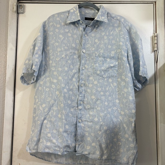Ermenegildo Zegna Light Blue Floral Linen Short Sleeve Button Down Resort Beach - Picture 1 of 10